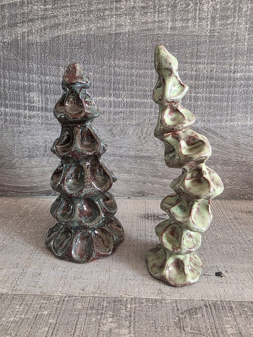 Christmas Tree Textured Pottery Clay Ceramic Green Lot Rustic Whimsical Rare 56a